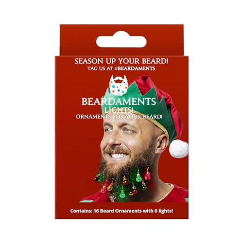 BEARDAMENTS Beard Lights - The Original Light Up Beard Ornaments, 16pc Colorful Christmas Facial Hair Baubles for Men in The Holiday Spirit with Clip for Easy Beard Attachment