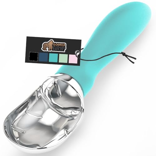 Gorilla Grip Heavy Duty Ice Cream Scoop with Comfortable Handle, Professional Grade Scooper for Perfect Round Scoops, Spoon Frozen Hard Gelato, Sorbet, Cookie Dough, BPA-Free Kitchen Tool, Turquoise