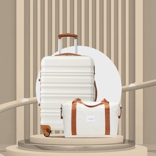 LONG VACATION Luggage Set 4 Piece Luggage ABS hardshell TSA Lock Spinner Wheels Luggage Carry on Suitcase (WHITE-BROWN, 6 piece set)