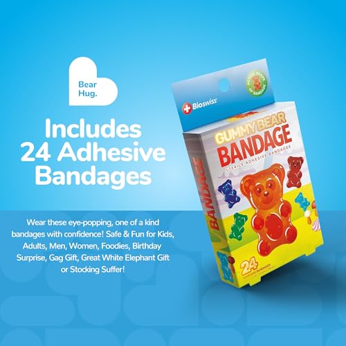 BioSwiss Bandages, Gummy Bear Shaped Self Adhesive Bandages, Latex Free Sterile Wound Care, Fun First Aid Kit Supplies for Kids, 24 Count