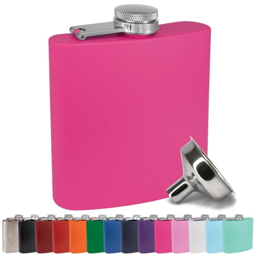 6 oz Stainless Steel Hip Flask with Funnel for Men & Women, Powder Coated Flask Gift Sets for Groomsmen, Bridesmaids, Wedding Party Whiskey Flask for Liquor, by Clear Water Home Goods, Matte Pink