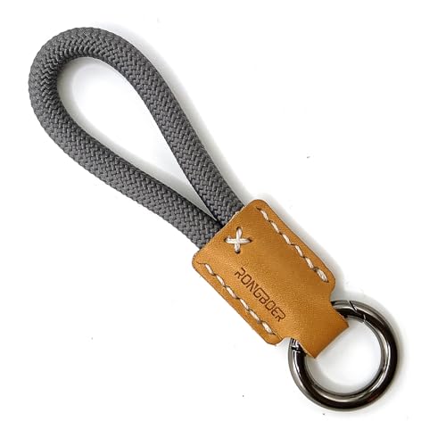 RONGBOER Handmade Cowhide Leather Short Keychain,Car Key Chain Accessories,Keychains for Women And Men,Cell Phone Lanyard (Grey)