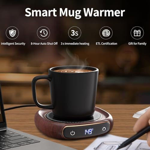 Lerat Coffee Mug Warmer & Mug Set for Desk, Electric Coffee Cup Warmer with Auto Shut Off, 3 Temperature Setting Smart Cup Warmer for Heating Coffee, Milk, Beverage, Candle Jar (Wood), 8oz