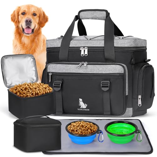 IGOLUMON Dog Travel Bag Large Pet Travel Bags Set for Supplies Weekend Dog Travel Kit Tote Organizer Multi-Pockets Dog Food Travel Bag with 2 Extra Large Food Containers, 2 Dog Bowls, 1 Feeding Mat