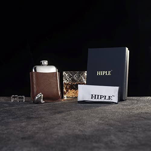 HIPLE® 6oz Hip Flask Gift Set with Free Hiple Handkerchief Premium Tan PU Leather Sleeve and Stainless Steel Funnel Gift for Men Groomsmen Gift Flask Gift and Camping Flask Liquor Gift for Him