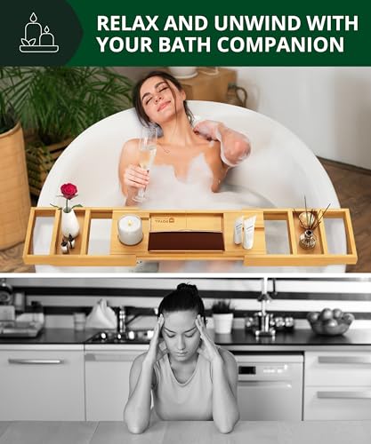 ROYAL CRAFT WOOD Premium Foldable Bathtub Tray - Expandable Bath Tray for Tub - Unique House Warming Bath Tub Tray Wood - Luxury Bathtub & Bathroom Accessories for New Home, Relaxing Spa, Women