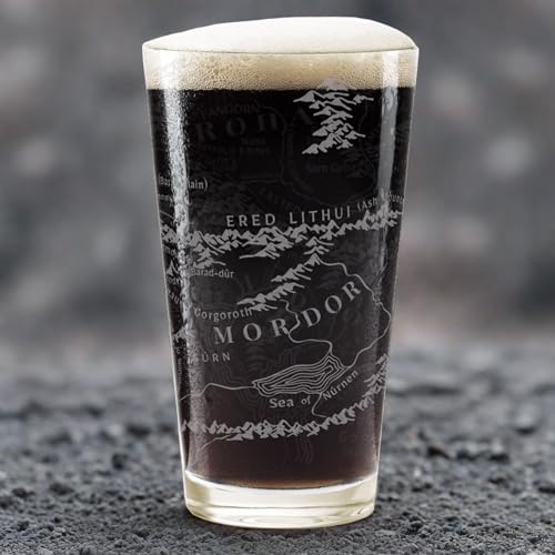 MAP OF MORDOR & GONDOR Engraved 16oz Pint Glass | Inspired by Tolkien LOTR and Middle Earth | Great Christmas Gift Idea | Unique Elvish Hobbit Wizard Fantasy Decor!