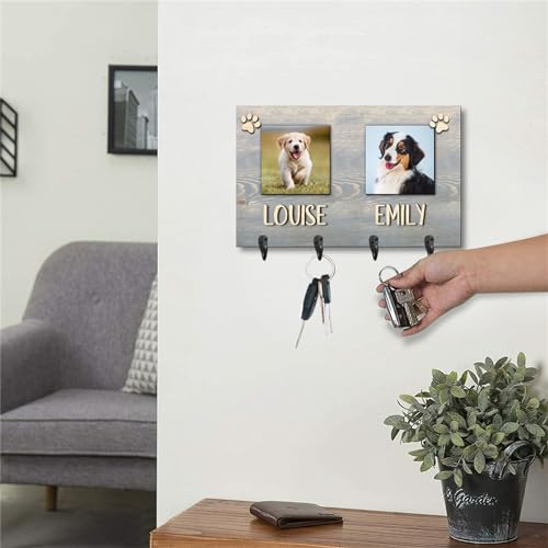 Personalized Photo Dog Leash Holder Custom Wooden Leash Hanger for Wall Dog Leash Rack Wall Mount Organizer Housewarming Birthday Home Decor Gifts for Pet Lovers(2 Dogs,5.7 * 11.8 inches)