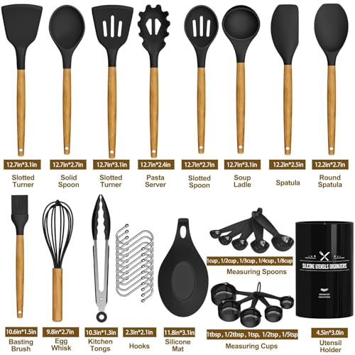 Umite Chef Kitchen Cooking Utensils Set, 33 pcs Non-Stick Utensils Spatula Set with Holder, Black Wooden Handle Silicone Kitchen Gadgets