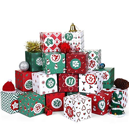 KESOTO DIY Christmas Advent Calendar 2024, 24 Cardboard Treasure Boxes with 1-24 Number Stickers Christmas Countdown Calendar for Xmas Holiday Decor