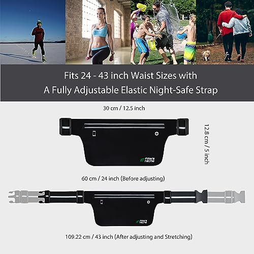 Fitter's Niche UltraSlim Fanny Waist Pack Men Women Running, Lightweight Water Resistant Sports Hiking Hip Bag, Reflective Elastic Belt, Fit 24 to 43 inch Waists, Holds 6.7 inch Phones, Infinite Black