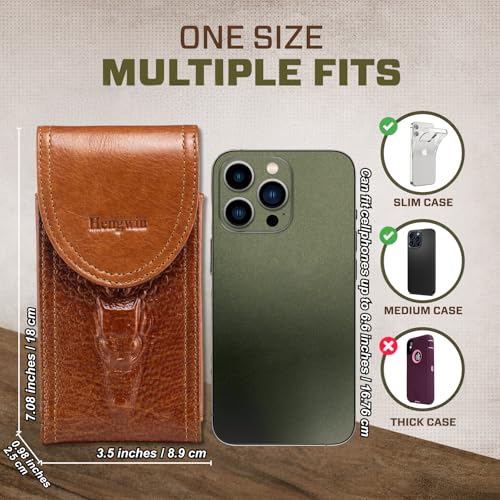 Hengwin Genuine Leather Phone Holster Fits for iPhone 15 Plus 14 Pro Max Samsung Galaxy A55 A15 A25 Note 9 8 S23+ S22+ S21 FE S20 Ultra Holster Waist Pouch Belt Clip Case Cell Phone Holder (Brown)