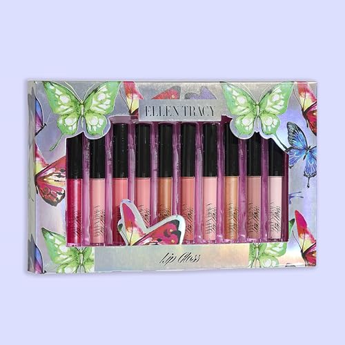 Enchante Ellen Tracy 10 Pc Lip Gloss Collection, Shimmery Lip Glosses for Women and Girls, Long Lasting Lip Gloss Set with Rich Varied Colors, Great Holiday and Birthday Gift