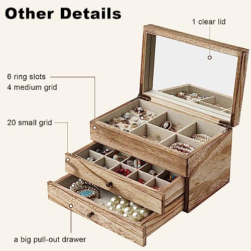 Meangood Jewelry Box Organizer for Women, 3 Layer Large Jewelry Storage Case, Rustic Wooden Jewelry Box with Mirror & Ring Tray for Necklace Earring Bracelets Rings, Vintage Style (Carbonized Black)