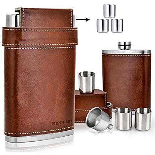 GENNISSY 304 18/8 Stainless Steel 8oz Flask - Brown Leather with 3 Cups and Funnel 100% Leak Proof