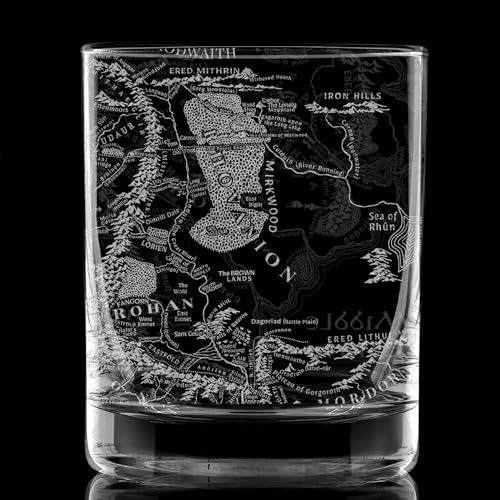 MAP OF MIDDLE EARTH Engraved Whiskey Rocks Glass | Inspired by The Hobbit, LOTR, Middle Earth, Tolkien Fantasy, & Rings of Power | Great Christmas Fantasy Gift & Bourbon Barware Drinking Decor!