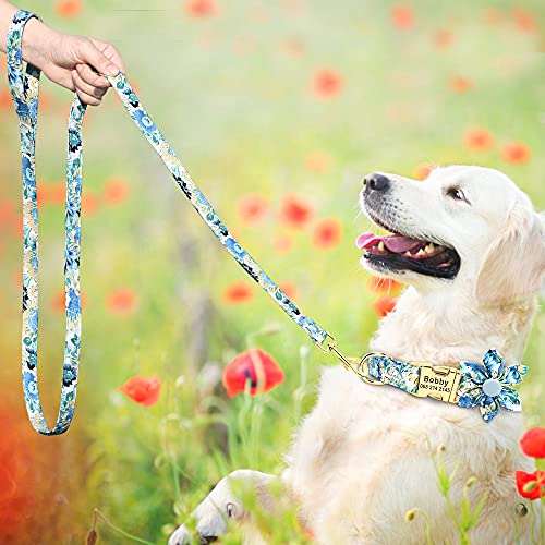 Beirui Personalized Female Dog Collar and Leash Set for Girl Dogs - Custom Pet Dog Collar with Flower for Small Medium Large Dogs - Soft Floral Engraved Collar with Matching Leash (Blue, S)