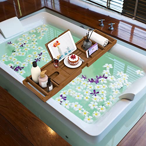 Bamboo Bathtub Tray Bath Tub Caddy with Expandable Handles Wine Glass Phone Holder Book Stand for Bathroom Luxury Spa Wooden Bath Table Board for Reading Laptop Over The Clawfoot tub (Walnut)