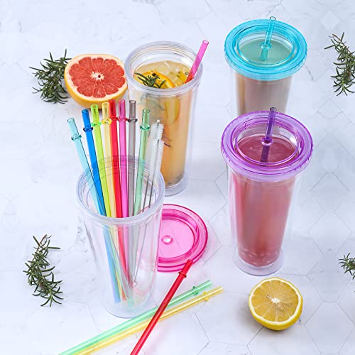 24 PCS, Reusable Straws with 4 Brushes, 10.5" Long Tritan Hard Plastic Straws, 12 Colors Translucent Replacement Drinking for 16OZ-32 OZ Tumblers, Cups, Jars, Stanley, YETI, Starbucks, BPA Free