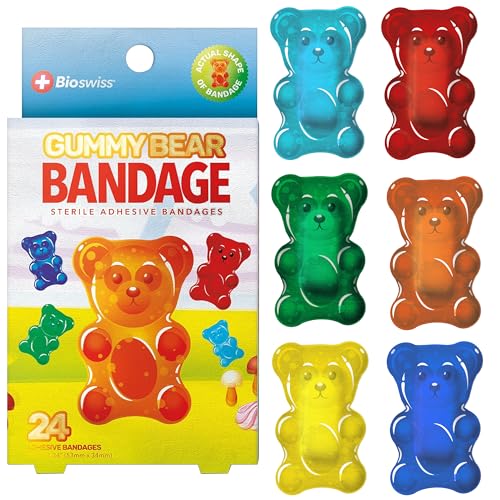 BioSwiss Bandages, Gummy Bear Shaped Self Adhesive Bandages, Latex Free Sterile Wound Care, Fun First Aid Kit Supplies for Kids, 24 Count