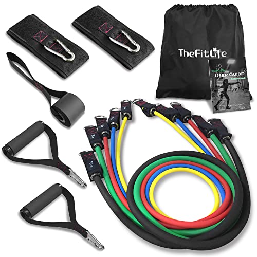 TheFitLife Exercise Resistance Bands with Handles - 5 Fitness Workout Bands Stackable up to 110/150 lbs, Training Tubes with Large Handles, Ankle Straps, Door Anchor Attachment, Carry Bag (110 LBS)