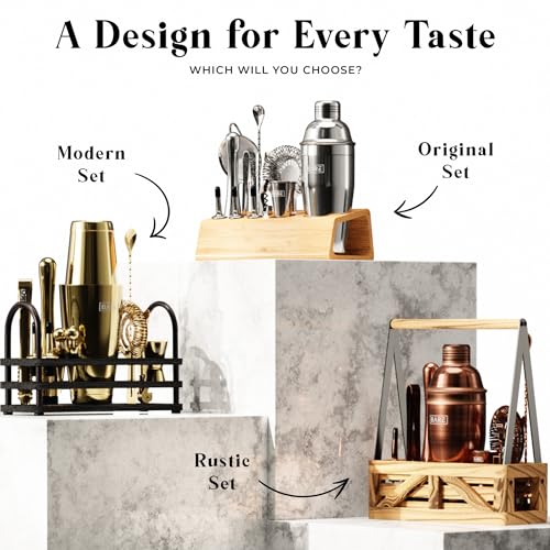 BARE BARREL® Mixology Bartender Kit Bar Set | 14-Piece Cocktail Shaker Set | Martini Barware Mixing Tools for Home Bartending | Incl. 35 Recipe Cards | Gift Set (28oz Boston Shaker, Jet Black/Black)