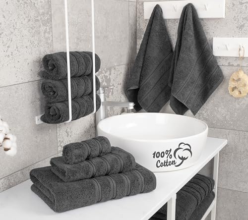 American Soft Linen Luxury 6 Piece Towel Set, 2 Bath Towels 2 Hand Towels 2 Washcloths, 100% Cotton Turkish Towels for Bathroom, Dark Gray Towel Sets