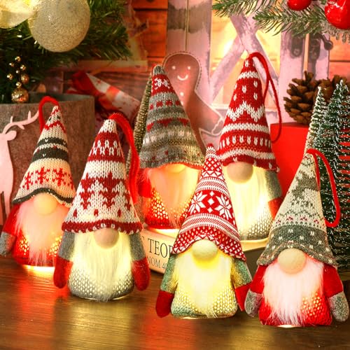 Baodlon Gnome Christmas Ornaments with Led Light, Handmade Swedish Tomte Xmas Gnomes Plush Doll, Scandinavian Santa Elf Table Ornaments, Lighting Hanging Christmas Tree Decorations Home Decor (6 Pack)