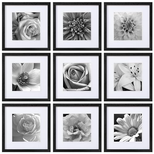 eletecpro 12x12 Picture Frames Set of 9 Classic Gallery Wall Frame Set Displays 8x8 Photo with Mat or 12x12 without Mat, Square Collage Wall Decor, Black Home Decor for Hanging