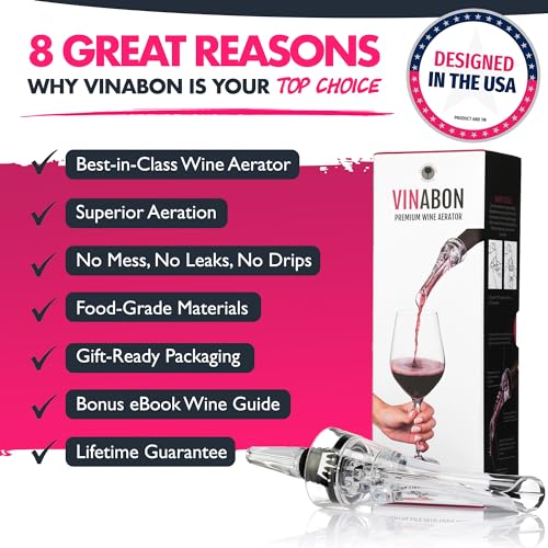 VINABON Wine Aerator Pourer Spout - Professional Quality Wine Aerator Attaches to Wine Bottle for Improved Flavor, Enhanced Bouquet, Rich Finish and Bubbles, No-Drip, Spill. Includes WineGuide Ebook