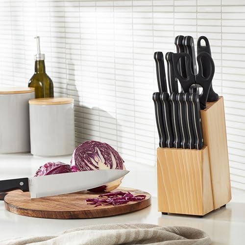 Amazon Basics 14-Piece High Carbon Stainless Steel Kitchen Knife Set with Sharpener and Pinewood Block, Black