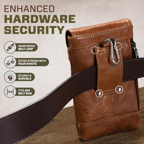 Hengwin Phone Holster Case with Belt Clip, Genuine Leather Belt Pouch Belt Case Cell Phone Holder Fit for iPhone 15 Plus 14 Pro Max 11 Pro Max Xs Max 7 Plus 8 Plus (Fit Cellphone with Case On) (Brown)