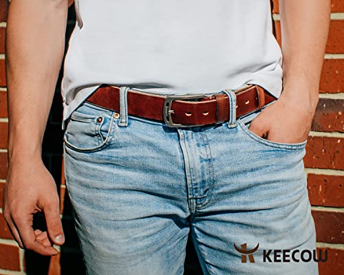 KEECOW Men's 100% Italian Cow Leather Belt Men With Anti-Scratch Buckle,Packed in a Box (1001-brown, 115cm (Pant Size:34-38))