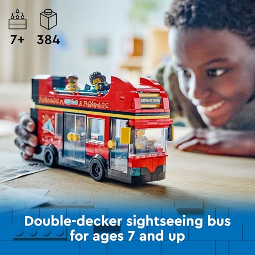 LEGO City Red Double-Decker Sightseeing Bus Toy Vehicle Set, Birthday Gift for 7 Year Olds, London Bus, for Kids, Double-Decker Bus Toy, 5 Characters Including a Baby and Stroller, 60407