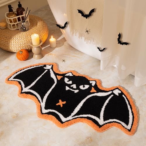 Ashler Halloween Bat Bathroom Rug, Bat Rug, Bath Mat for Halloween Decor, Gothic Area Rugs, Black Orange Bat Shaped Area Rugs for Front Door, Living Room Bedroom, Kids Room, 20x40IN