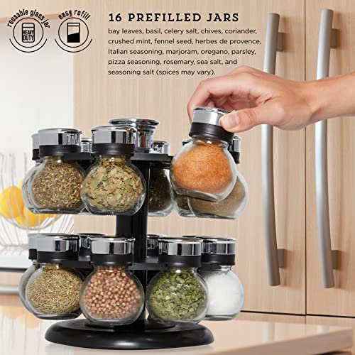 Kamenstein 16 Jar Ellington Revolving Countertop Spice Rack with Lift & Pour Caps and Spices Included, FREE Spice Refills for 5 Years: Black and Chrome