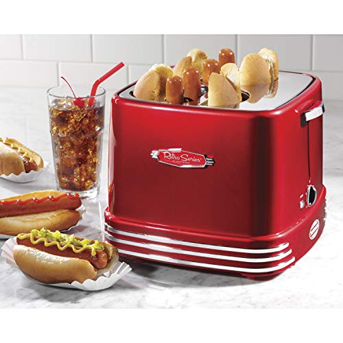 Red Retro Toaster Kitchen 4-Slot Hot Dogs And Buns Pop-Up Toaster Countertop Cookware Classic 4 Slots Hot Dog Cooking Assembled Chrome Silver, Metal Plastic