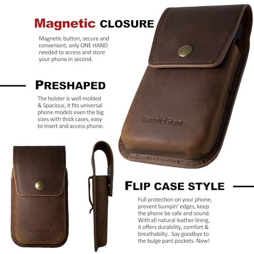 TarbicGear Leather Phone Pouch for Belt, S23 Ultra Belt Clip Holder for Men, Large Phone Holster, iPhone 14 Pro Max Belt Clip Case, Universal Smartphone Leather Sheath Magnetic Closure