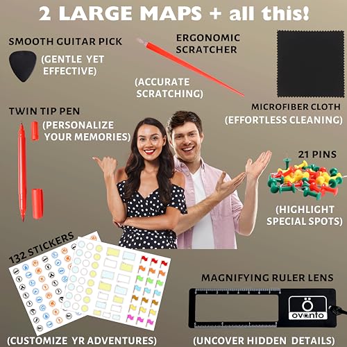 OVANTO Scratch Off World Map & US Map-Durable 17x24” United States Map & World Travel Map with Pins & Accessory Set–Easy to Scratch Off Maps with Colored Details in Name-Tagged Gift Box for Travelers