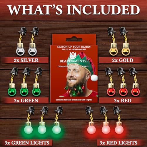 BEARDAMENTS Beard Lights - The Original Light Up Beard Ornaments, 16pc Colorful Christmas Facial Hair Baubles for Men in The Holiday Spirit with Clip for Easy Beard Attachment