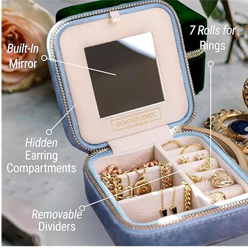 Benevolence LA Plush Velvet Jewelry Box | Travel Jewelry Case Organizer with Mirror | Featured in Oprah's Favorite Things | Best Gifts For Daughter, Girlfriend, Mom | Gifts For Her - Periwinkle Blue