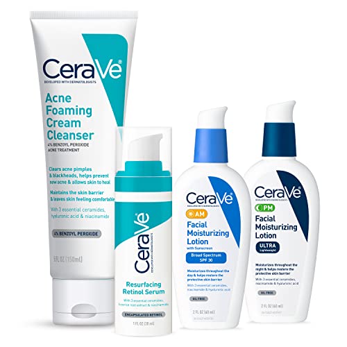 CeraVe Acne Skin Care Set | 5oz Acne Foaming Cream Cleanser + 1oz Resurfacing Retinol Serum + 2oz AM Facial Moisturizing Lotion with SPF 30 + 2oz PM Facial Moisturizing Lotion | Skin Care Routine