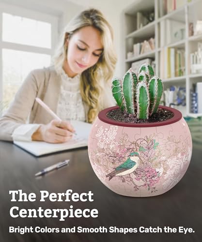 PieceRelax 3D Puzzle Planter - Singing Birds and Flowers - Small Round Plant Pots with Drainage, Home Decor Flower Pots for Indoor Cactus, Succulents Pots [K1100]