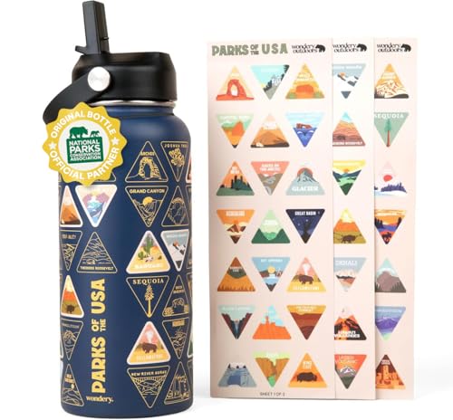 Wondery Original National Parks of the USA Bucket List Travel Water Bottle with Waterproof Stickers and Straw | Ocean 32 oz Screen Printed | Insulated Stainless Steel Vacuum Sealed | Leak Proof