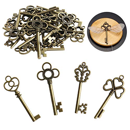 SANNIX 30 PCS Vintage Skeleton Keys Flying Keys Charms with 30 Pairs Dragonfly Wings and 30 Yards Elastic Crystal String for DIY Jewelry Making Wedding Party Favors Room Decor