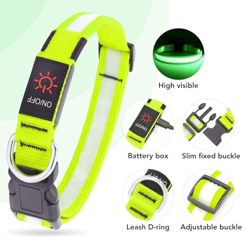 Vizpet LED Dog Collar, Light Up Dog Collar Adjustable USB Rechargeable Super Bright Safety Light Glowing Collars for Dogs(Large,Green)