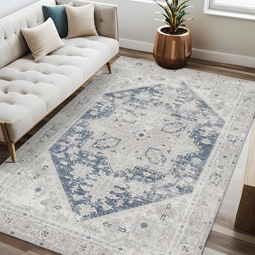 8x10 Area Rugs Washable Rug: Ultra Soft Vintage Large Rugs for Living Room, Non-Slip Foldable Machine Washable Area Rugs, Low Pile Indoor Floor Carpet for Bedroom, Nursery, Farmhouse (8'x10', Blue)