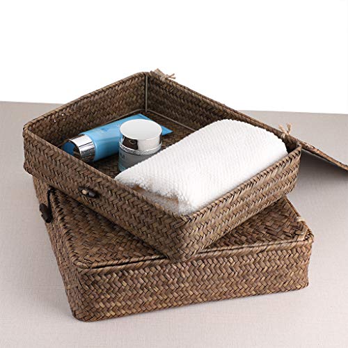 Hipiwe Set of 2 Flat Woven Wicker Storage Bins with Lid Natural Seagrass Basket Multipurpose Home Boxes for Shelf Organizer (Coffee)