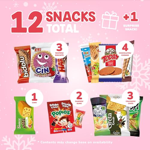 Midi International Snack Box | Premium Exotic Foreign Snacks | Unique Snack Food Gifts Included | Try Extraordinary Turkish Snacks | Candies from Around the World | 12 Full-Size + 1 Bonus Snacks