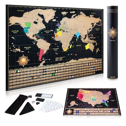 InnovativeMap Scratch Off World Map Poster And Deluxe United States Map – Includes Complete Accessories Set & All Country Flags – Premium Wall Art Gift for Travelers, Map of the World (Travel)